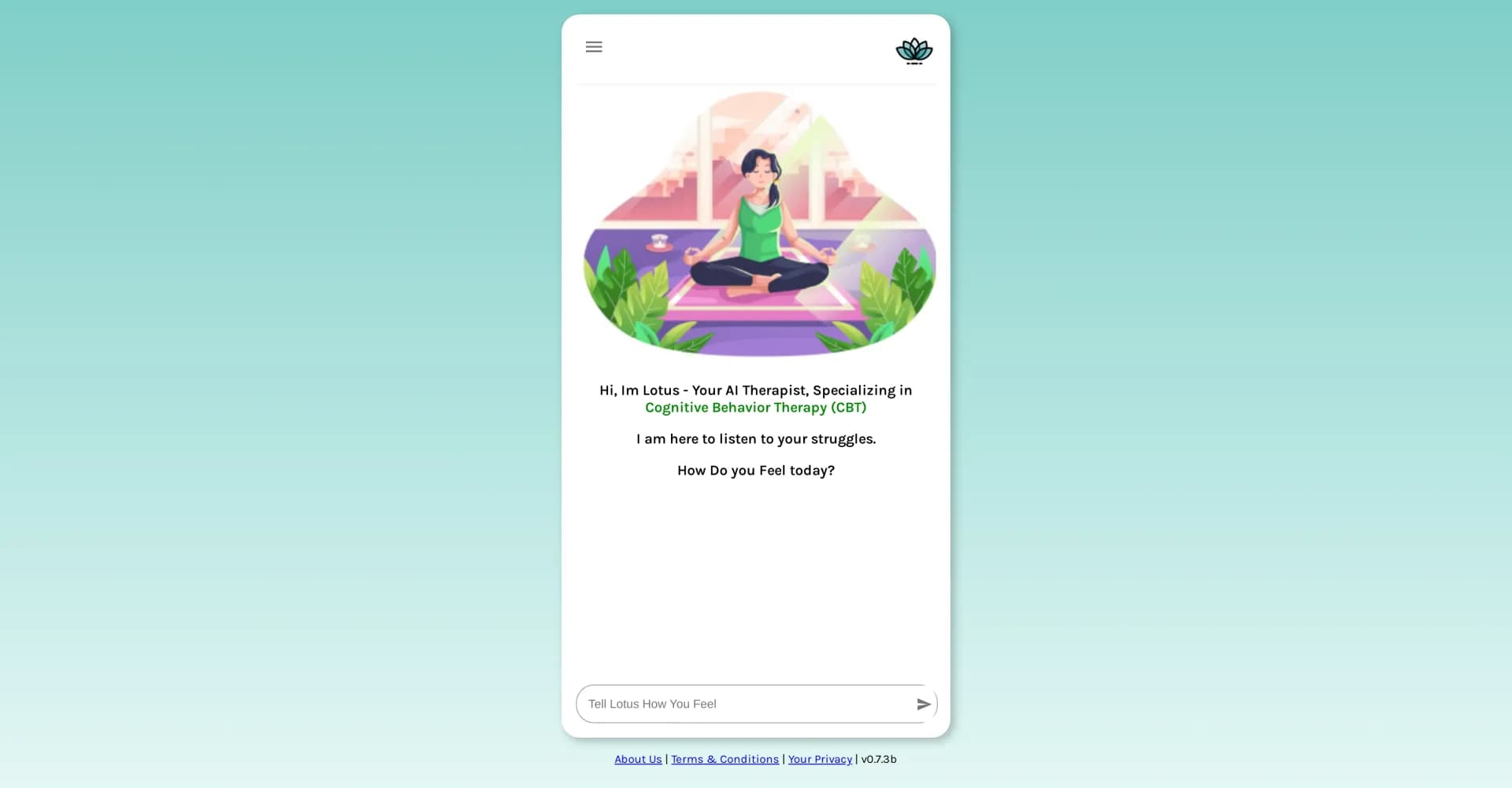 Lotus homepage screenshot — AI therapy: Empowering mental well-being for free.