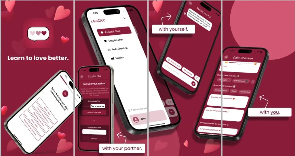 LoveDoc - Ai Couples Coach homepage screenshot — Learn to love better - Ai love coaching