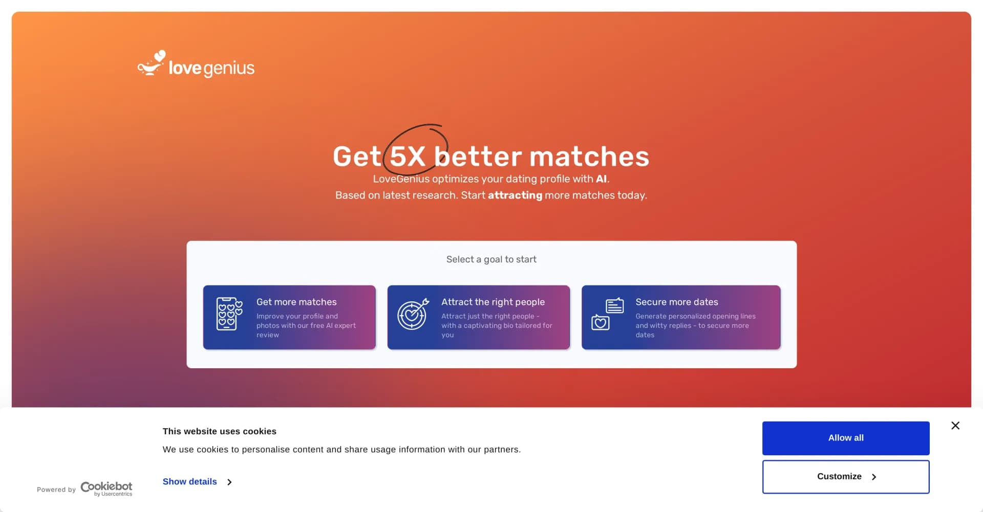 Lovegenius homepage screenshot — AI-powered dating profile optimization for better matches