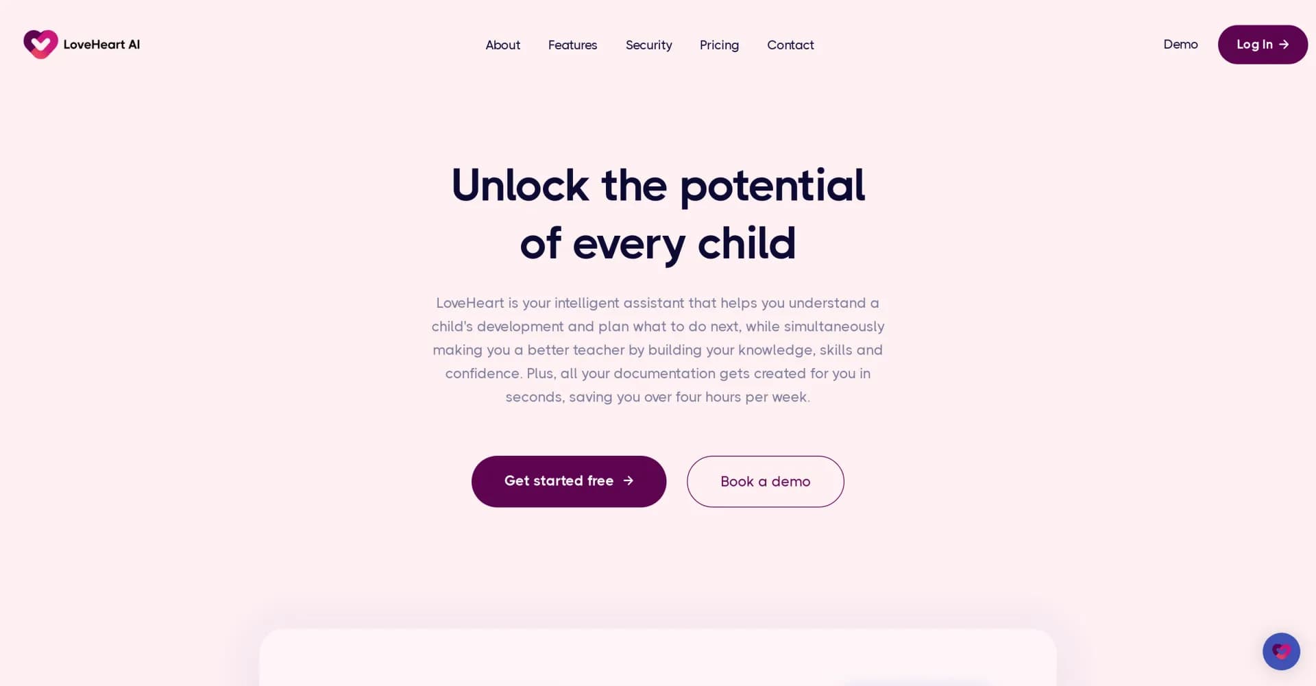 LoveHeart homepage screenshot — AI assistant for child development documentation and educato