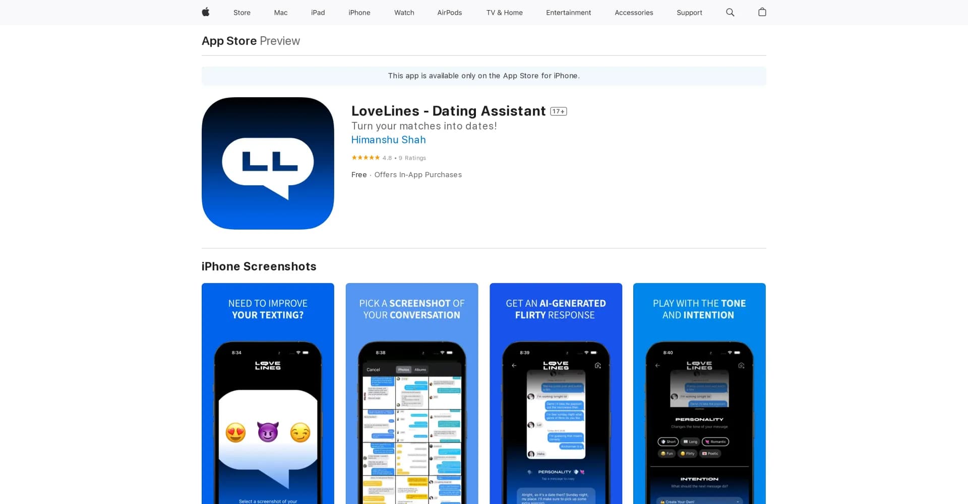 LoveLines homepage screenshot — Supports dating app users.
