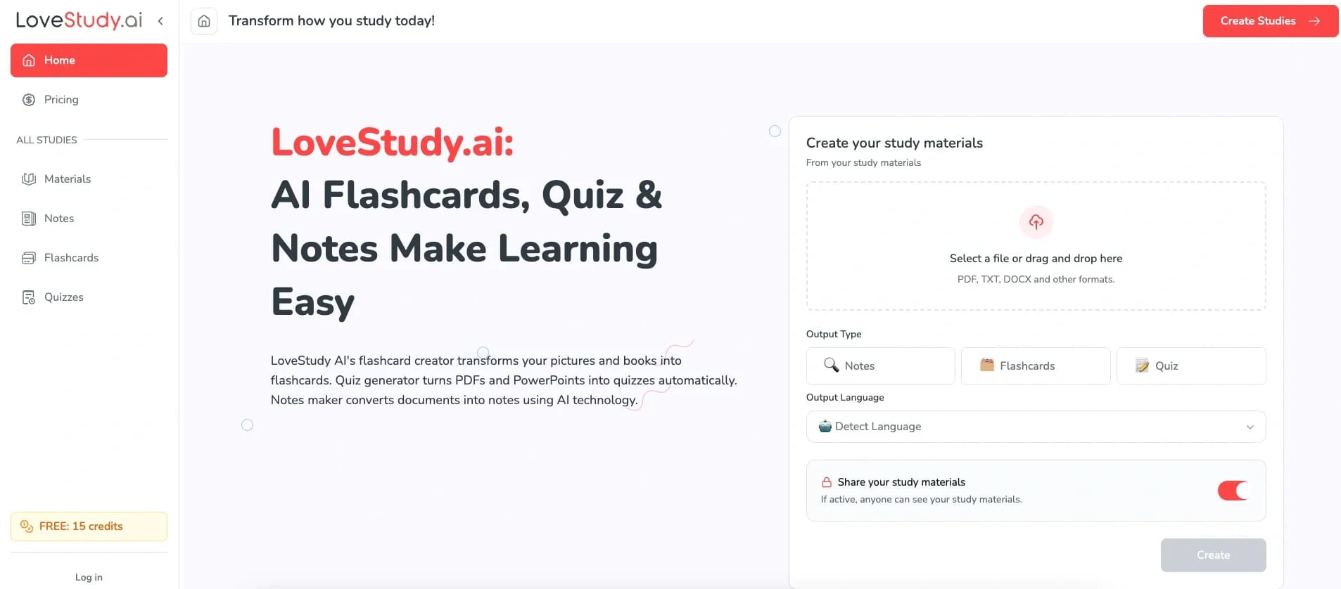 LoveStudy.ai homepage screenshot — AI-powered learning tools that make studying effortless.