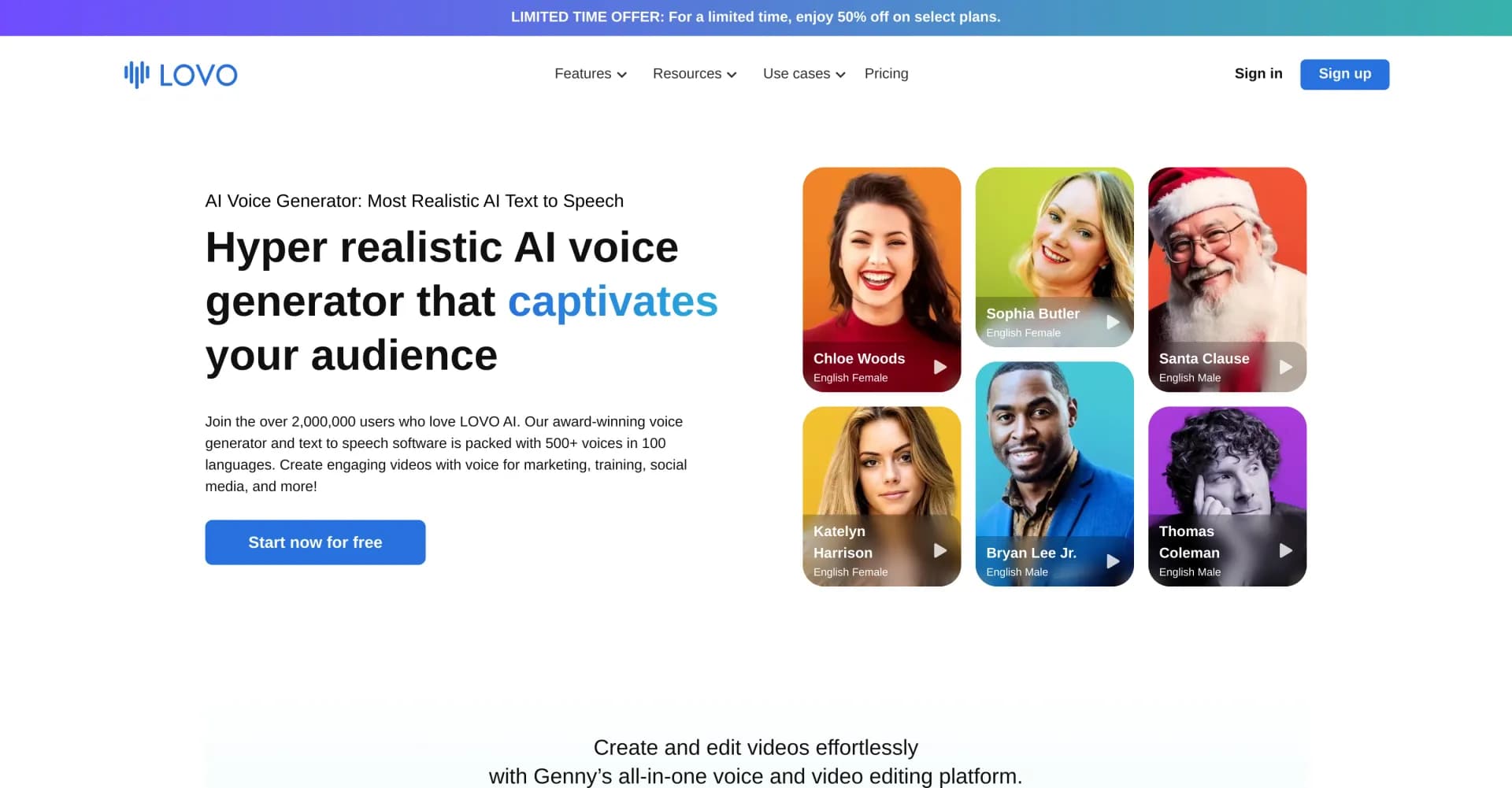 LOVO AI homepage screenshot — Transform content with AI-generated voiceovers