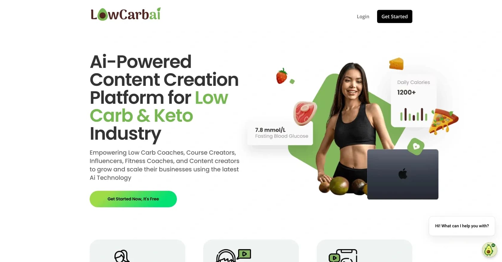 LowcarbAI homepage screenshot — AI-powered content creation for low carb & keto businesses