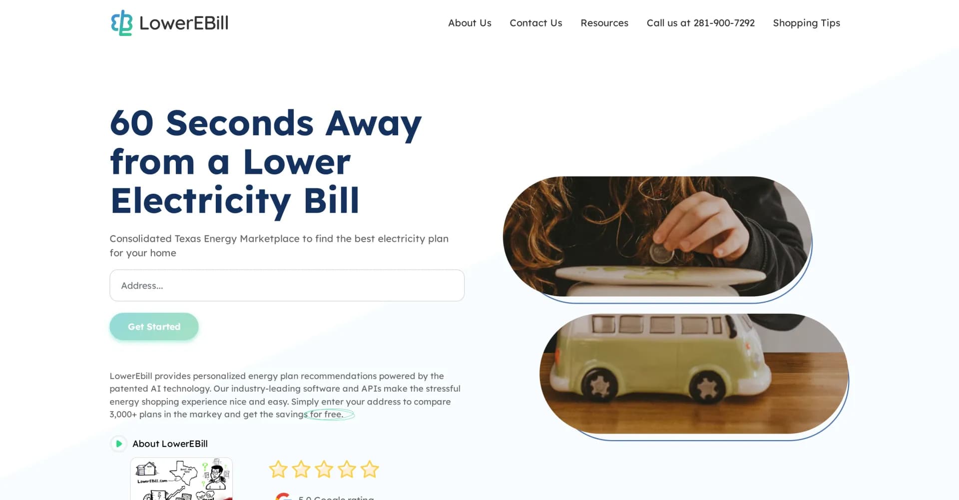 LowerEBill homepage screenshot — Find your best Texas electricity plan in 60 seconds.