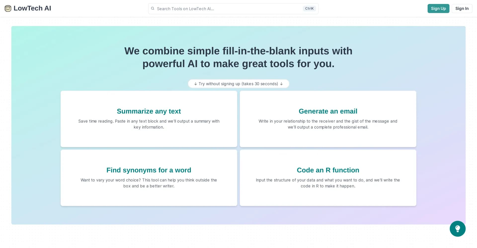 Lowtech homepage screenshot — Simple AI tools for everyday tasks