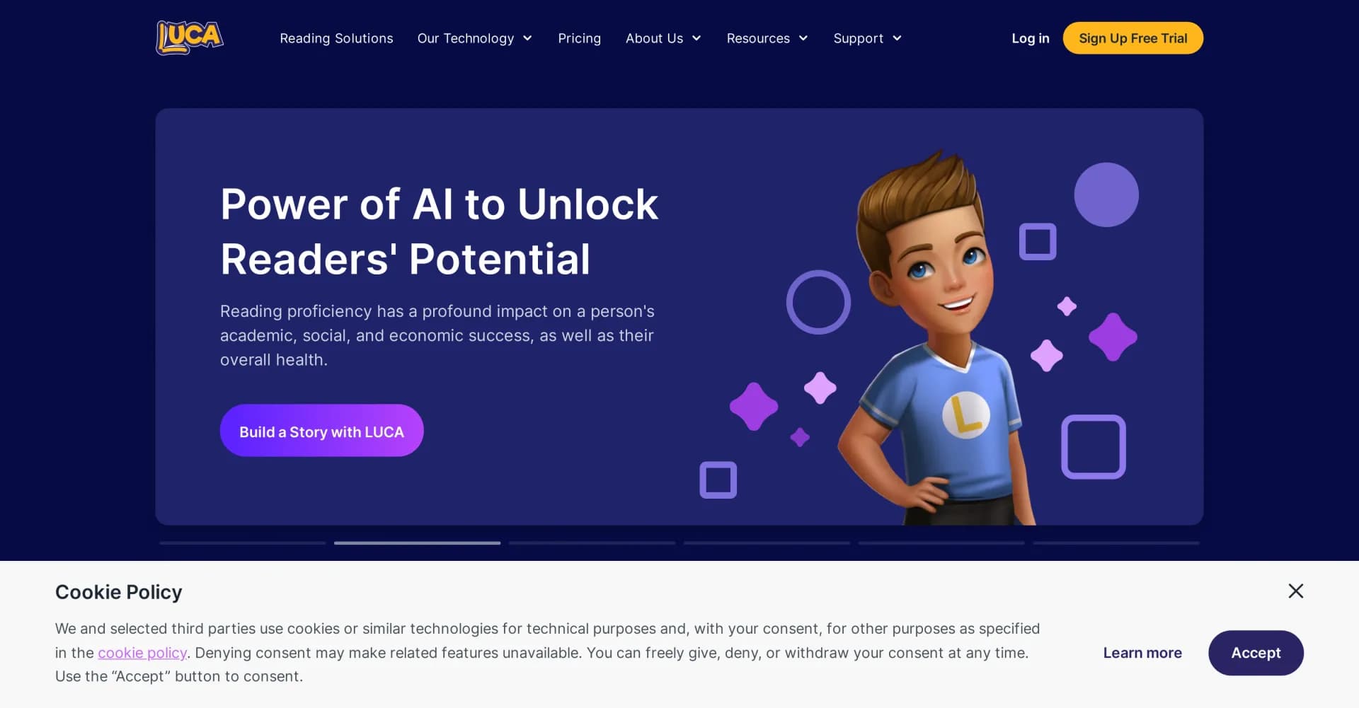 Luca AI homepage screenshot — AI reading tutor for personalized skill improvement