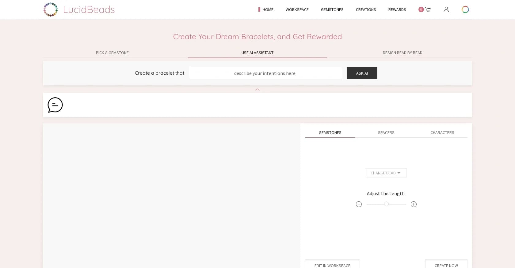 Lucid Beads homepage screenshot — Design custom gemstone bracelets with AI and earn rewards.