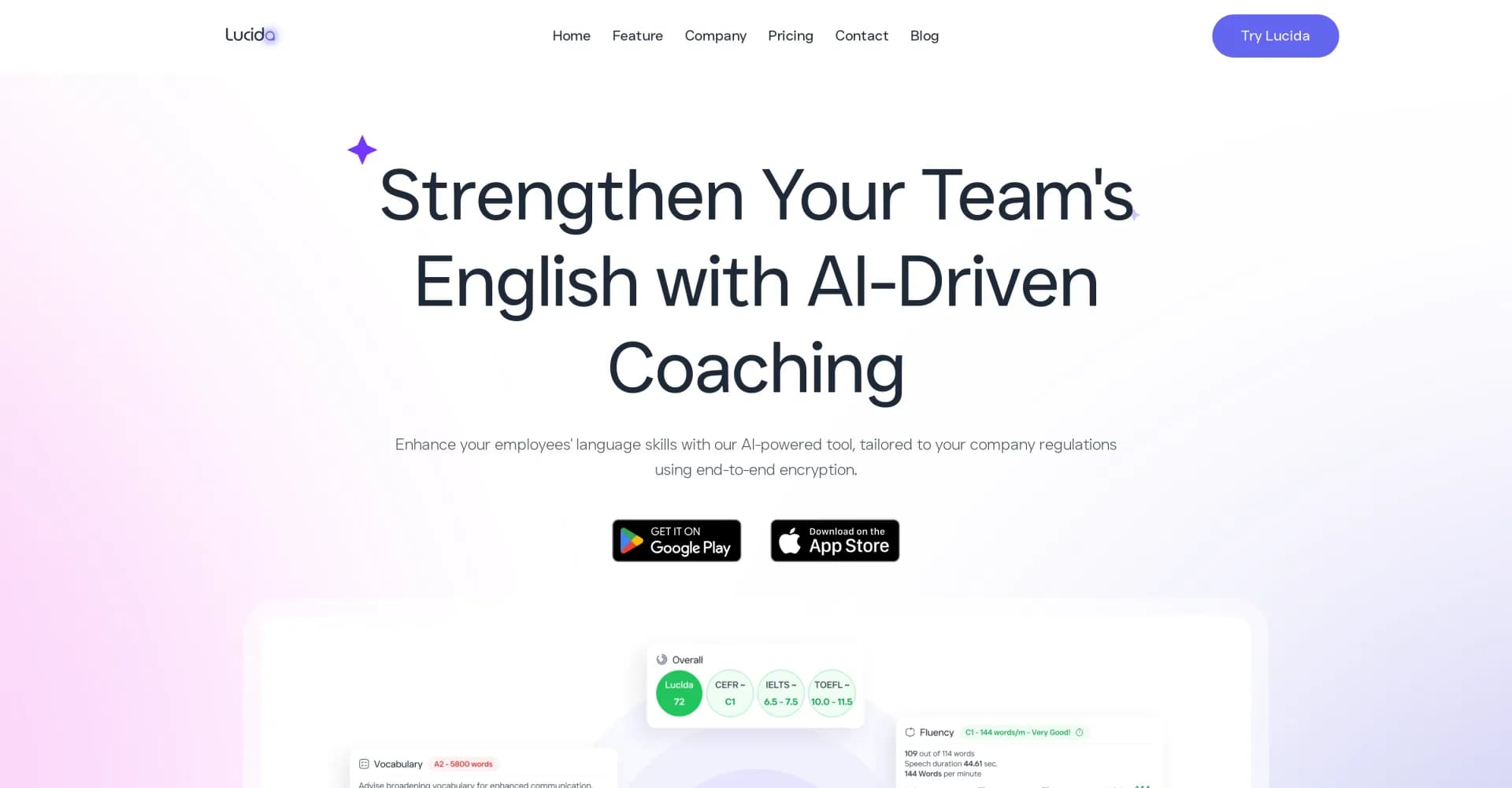 Lucida AI homepage screenshot — Strengthen your team's English with AI-driven coaching.