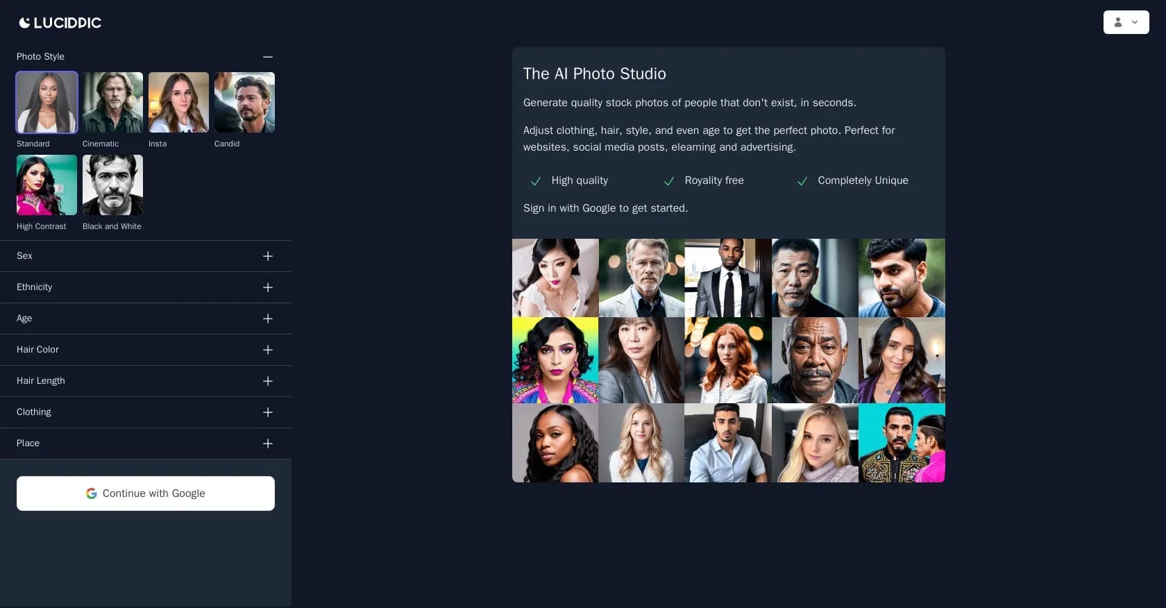 Lucidpic homepage screenshot — AI-generated stock photos of non-existent people.