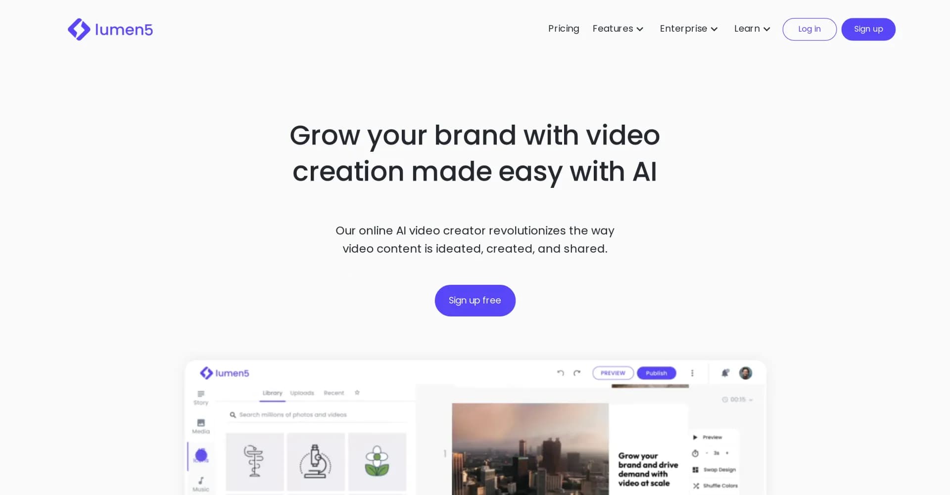 Lumen5 homepage screenshot — Create engaging videos in minutes with AI
