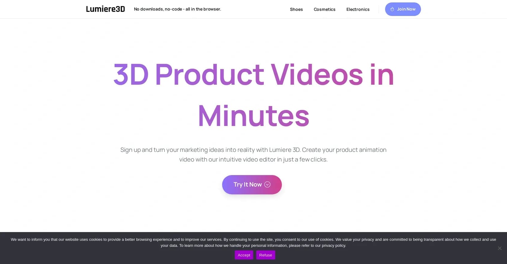 Lumiere3D homepage screenshot — Create cinematic 3D product videos for social media