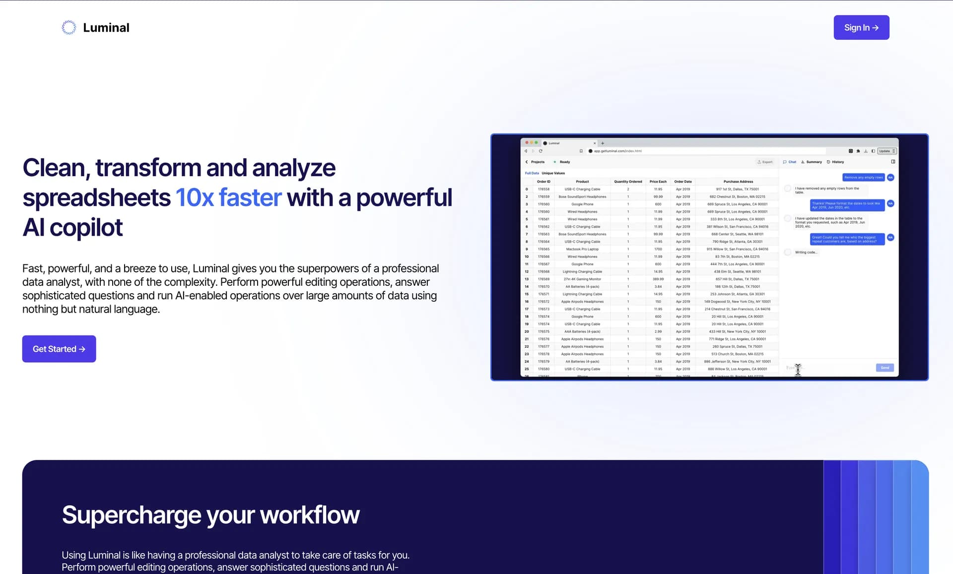 Luminal homepage screenshot — Clean, transform and analyze spreadsheets 10x faster with a 