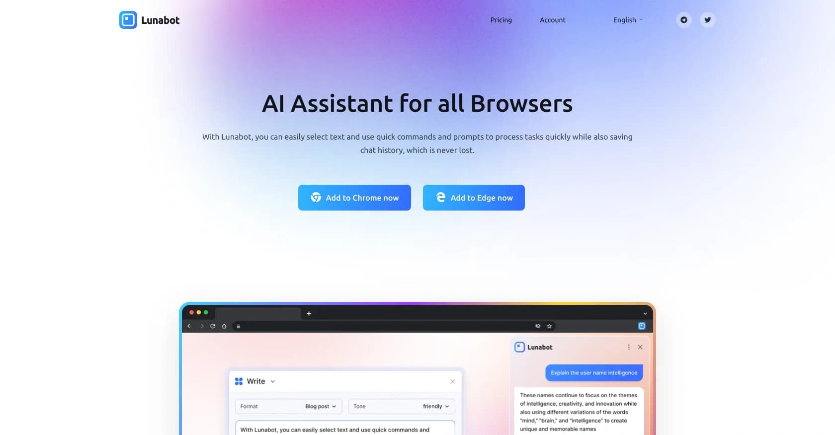 Lunabot homepage screenshot — AI assistant for all browsers