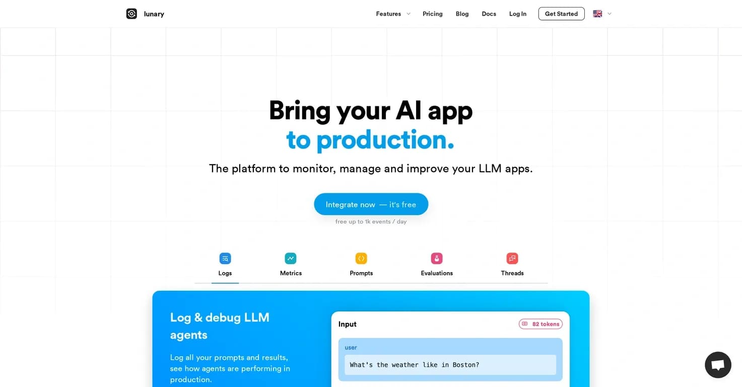 Lunary homepage screenshot — Bring your AI app to production