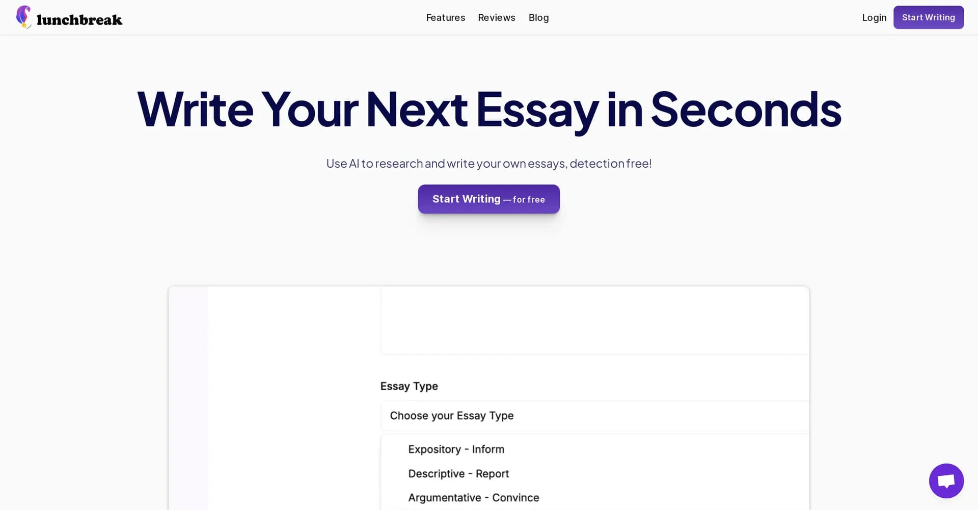 Lunchbreak AI homepage screenshot — Research and write essays in seconds with AI