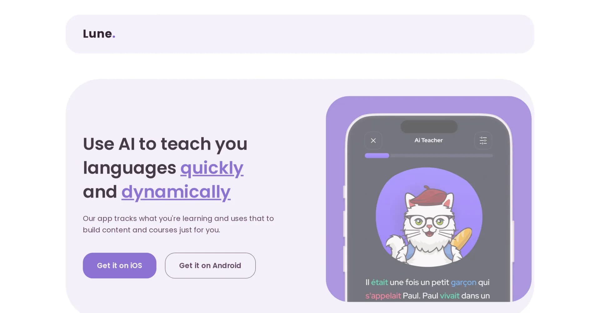 Lune homepage screenshot — AI-powered language learning, tailored just for you.