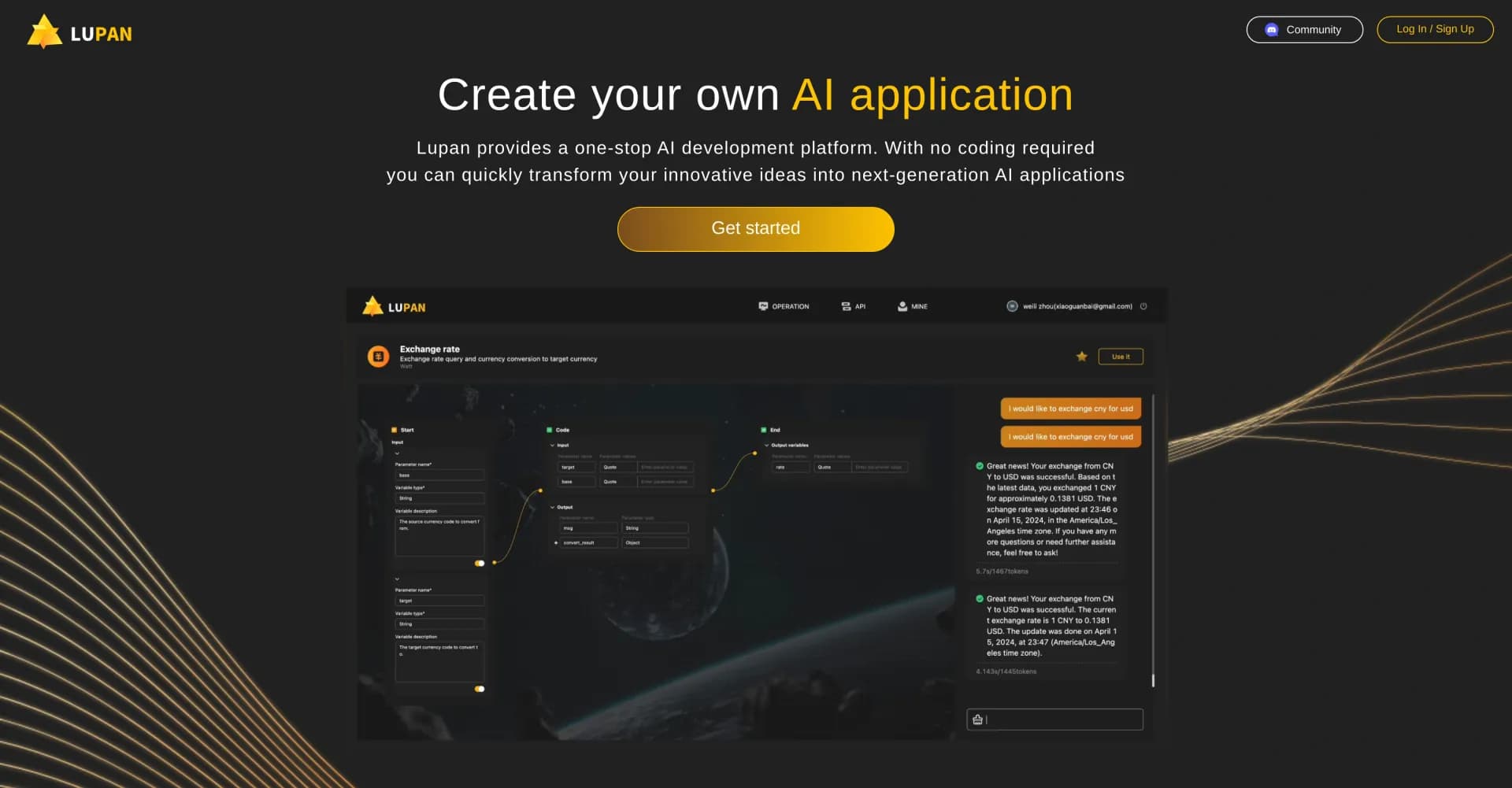Lupan homepage screenshot — Build AI apps without code in minutes.