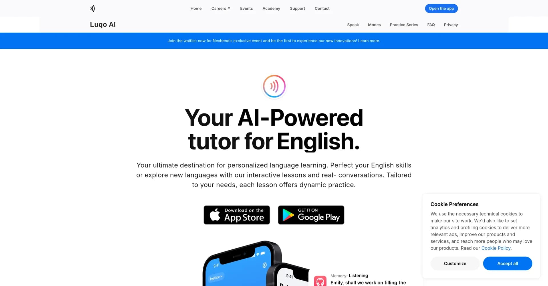 Luqo AI homepage screenshot — AI-powered language tutor for personalized learning