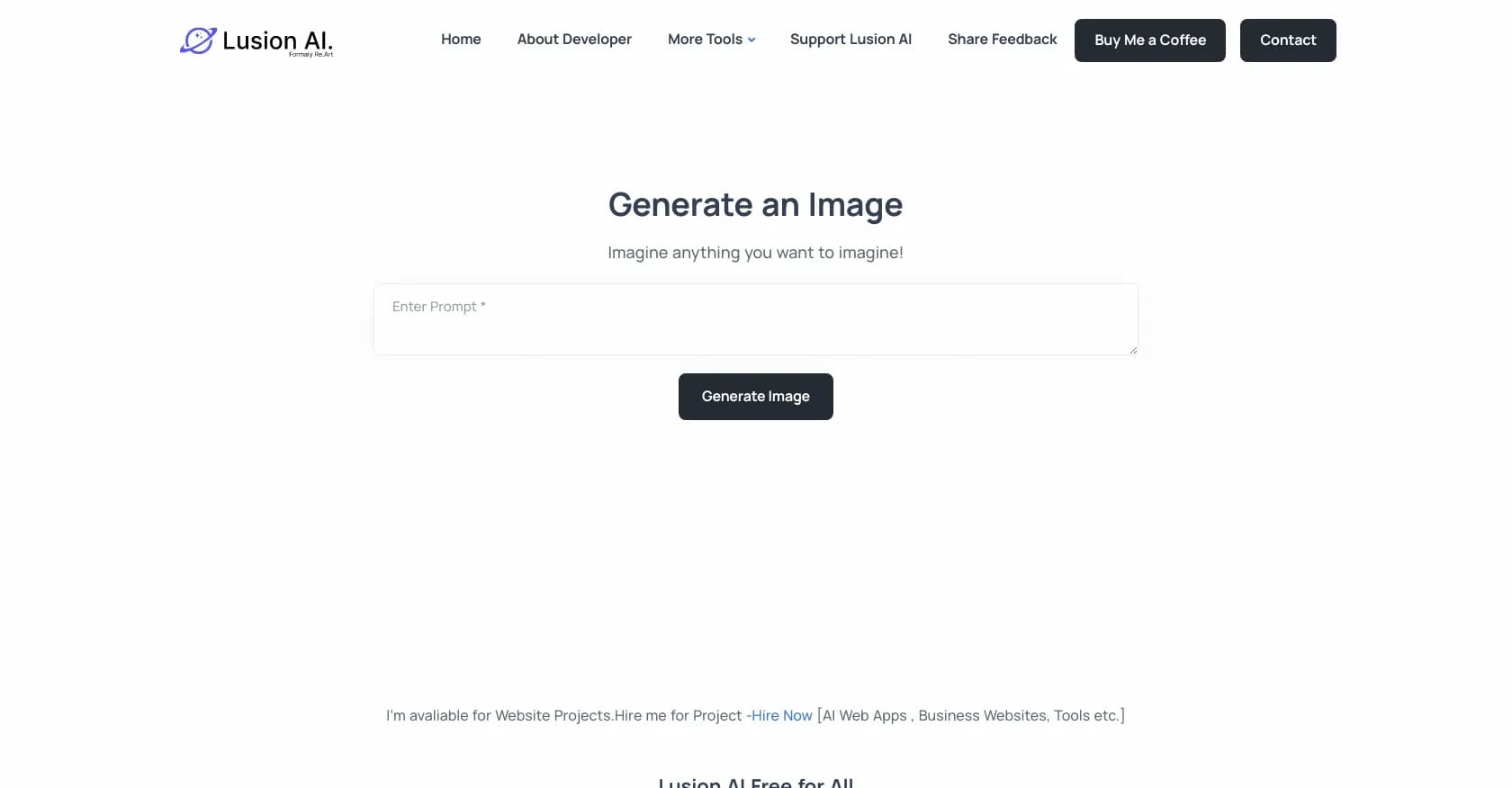 Lusion AI homepage screenshot — Create stunning AI-generated images for free.