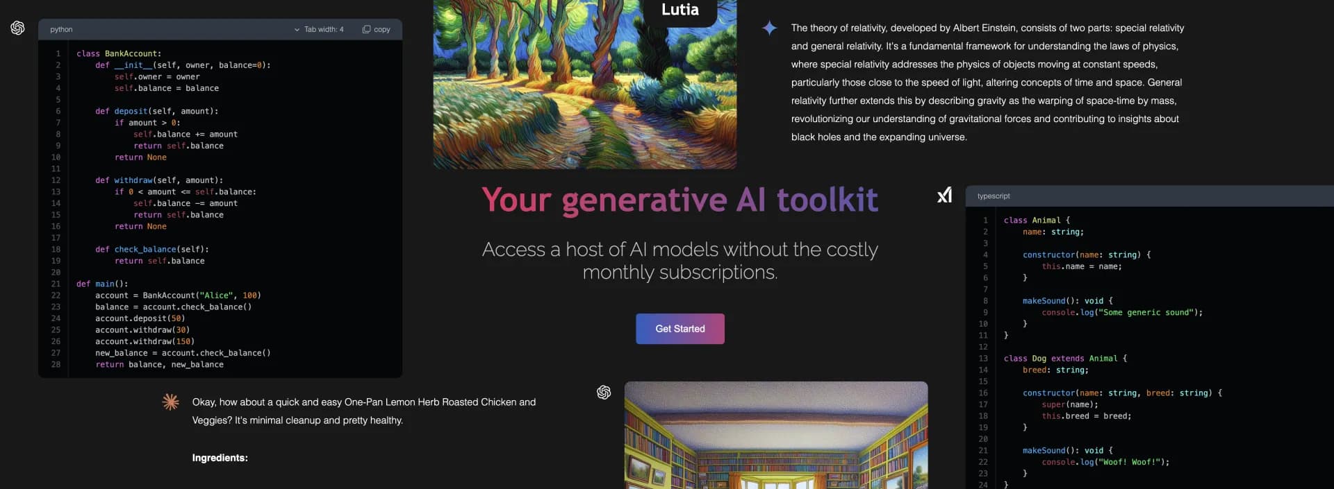 Lutia homepage screenshot — Your generative AI toolkit without costly subscriptions.