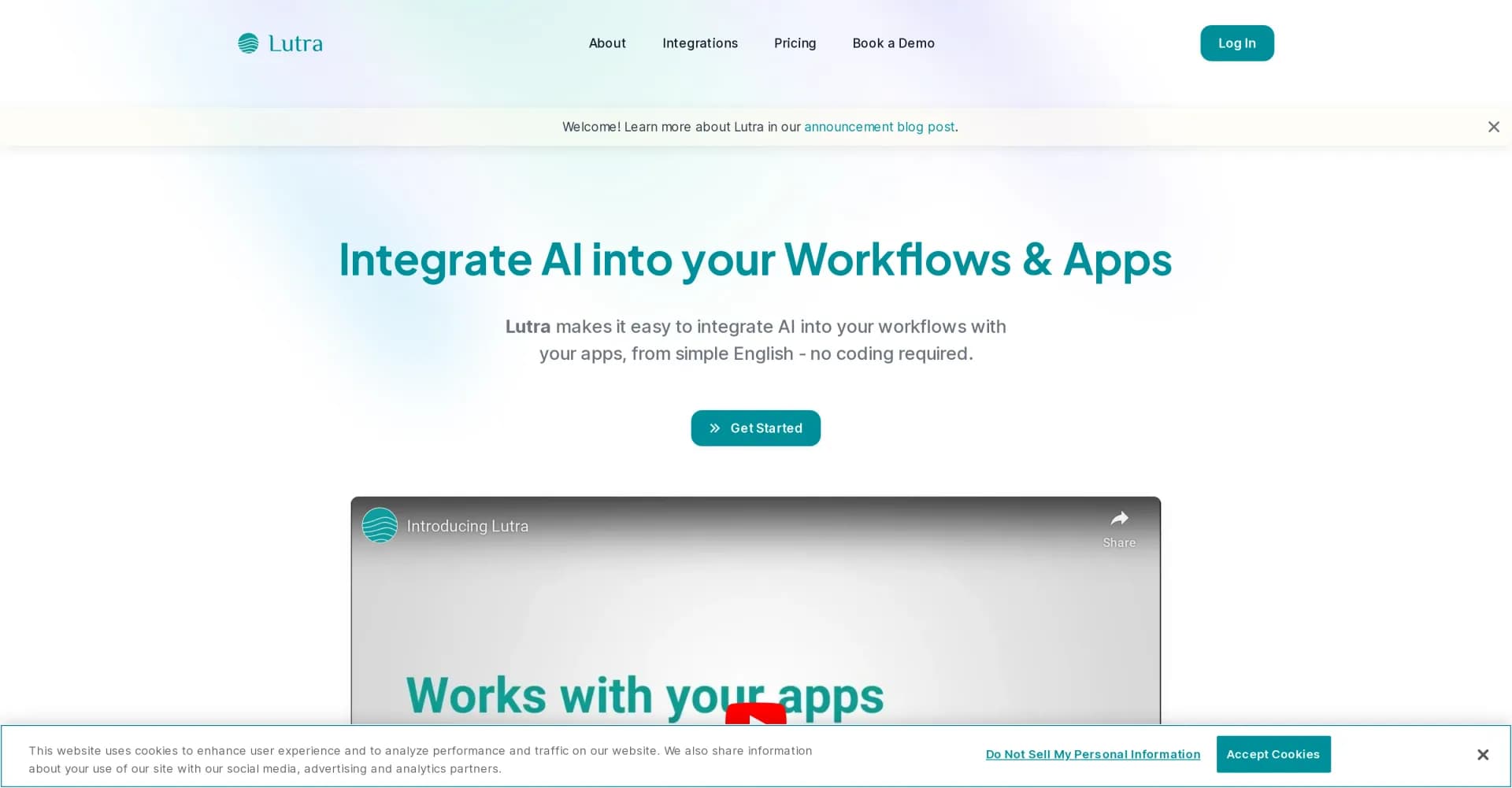Lutra AI homepage screenshot — Integrate AI into your workflows - no coding required.