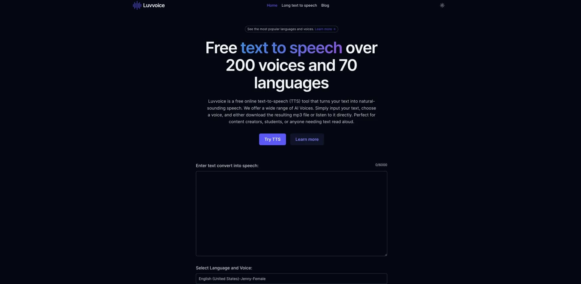 Luvvoice homepage screenshot — Transform text into lifelike speech instantly.