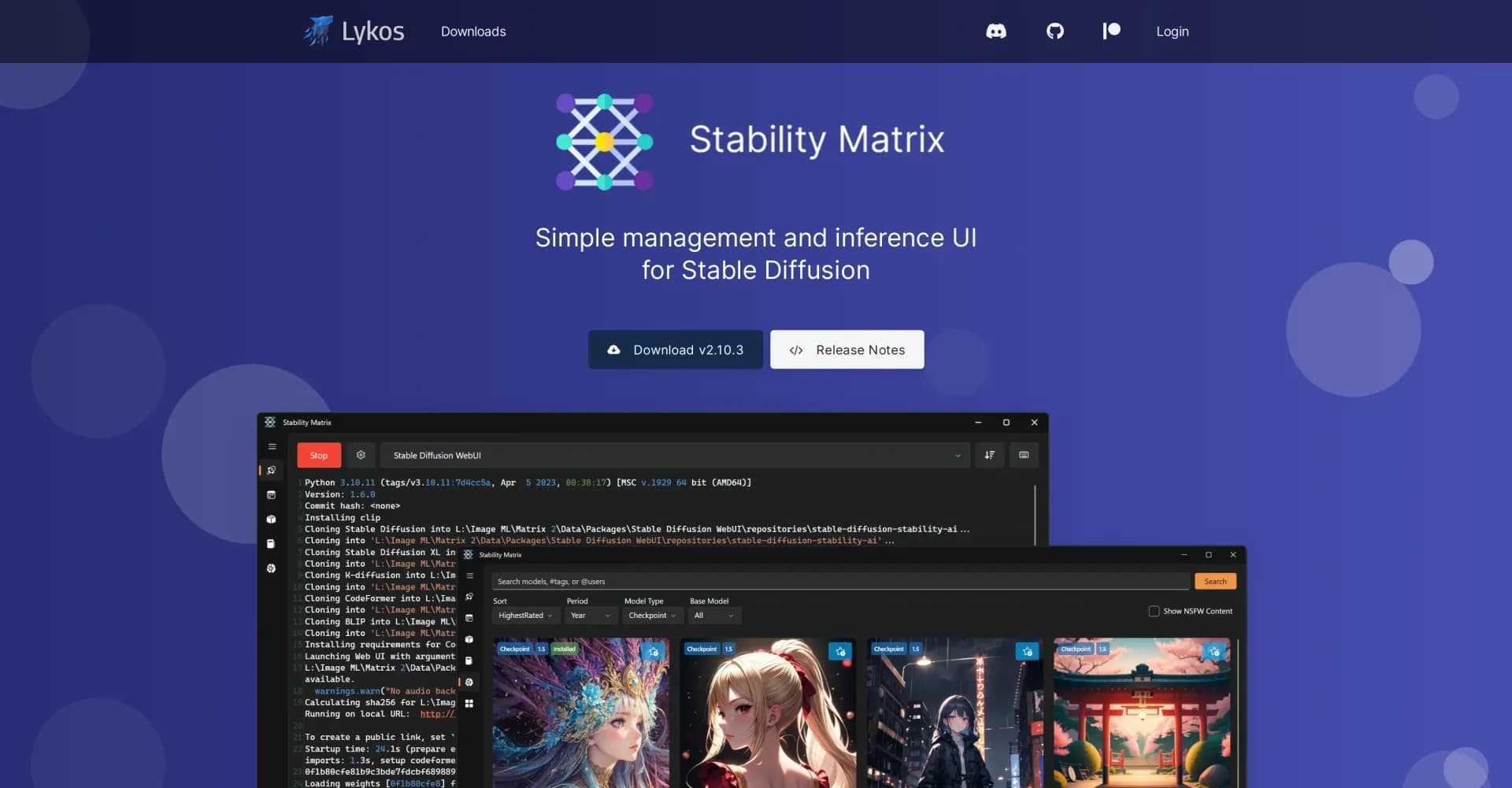 Lykos AI homepage screenshot — Simple UI for Stable Diffusion management and inference