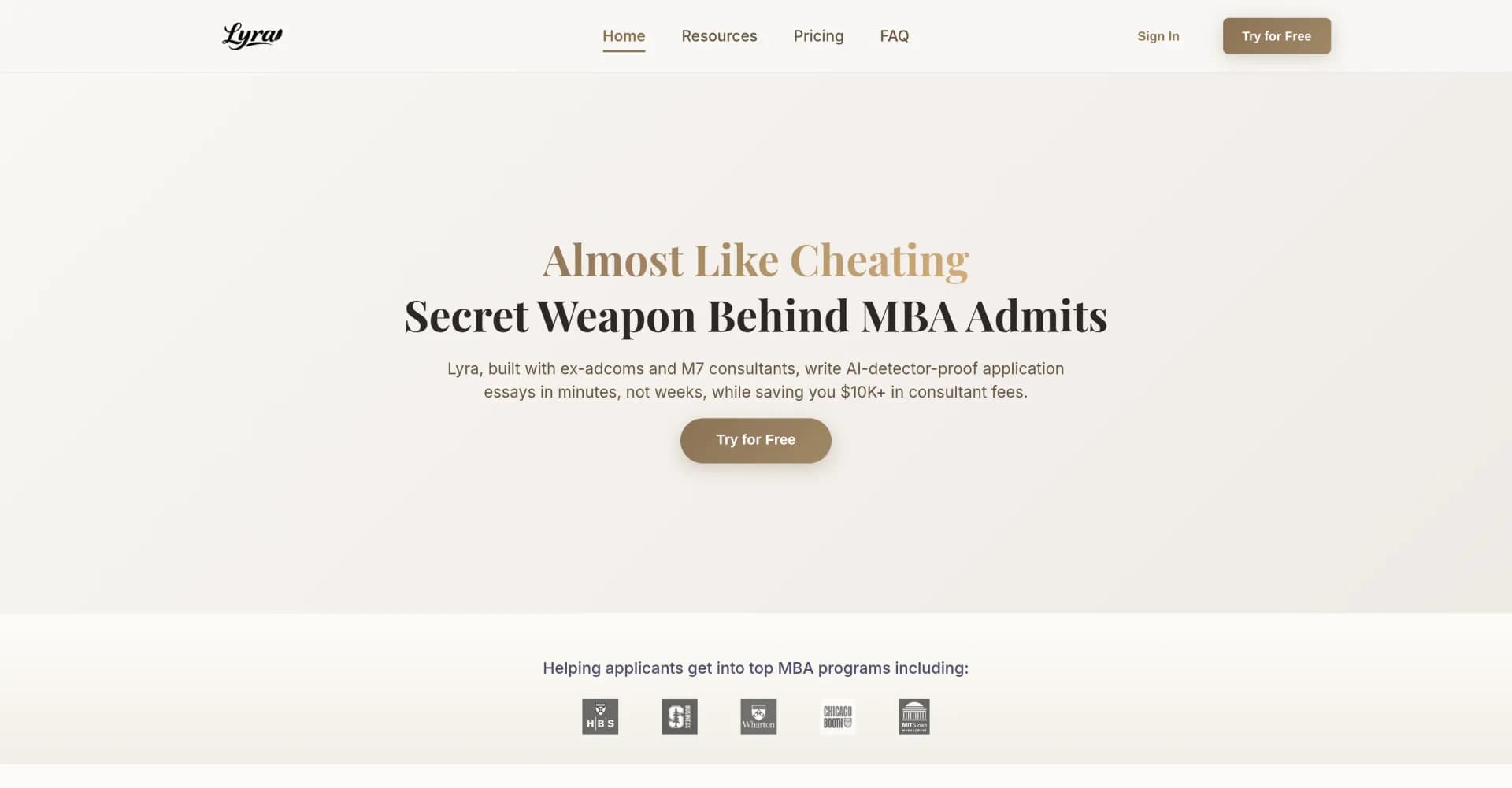 Lyra homepage screenshot — Your AI Co-Pilot for MBA Essay Success