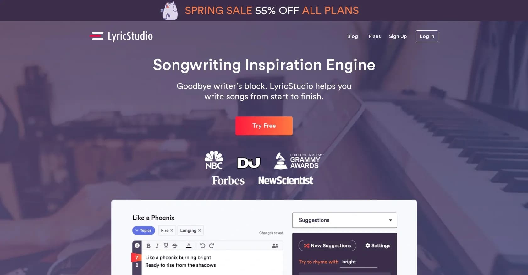Lyric Studio homepage screenshot — AI-powered lyric inspiration for songwriters