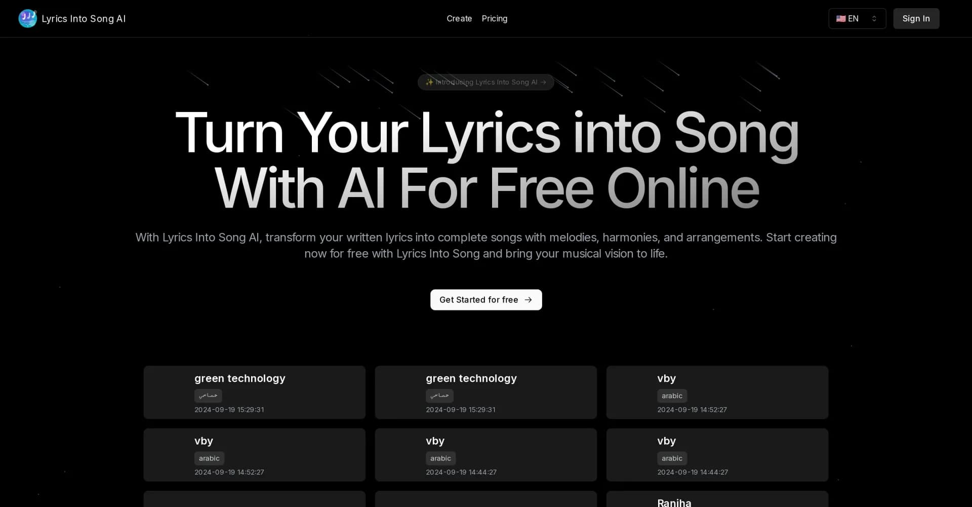Lyrics Into Song AI homepage screenshot — Turn lyrics into complete songs with AI