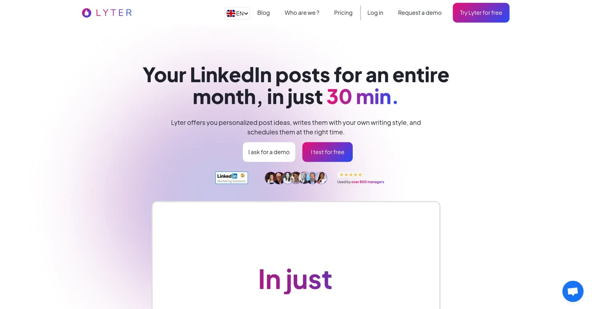 Lyter homepage screenshot — Automate LinkedIn posts with personalized AI content.