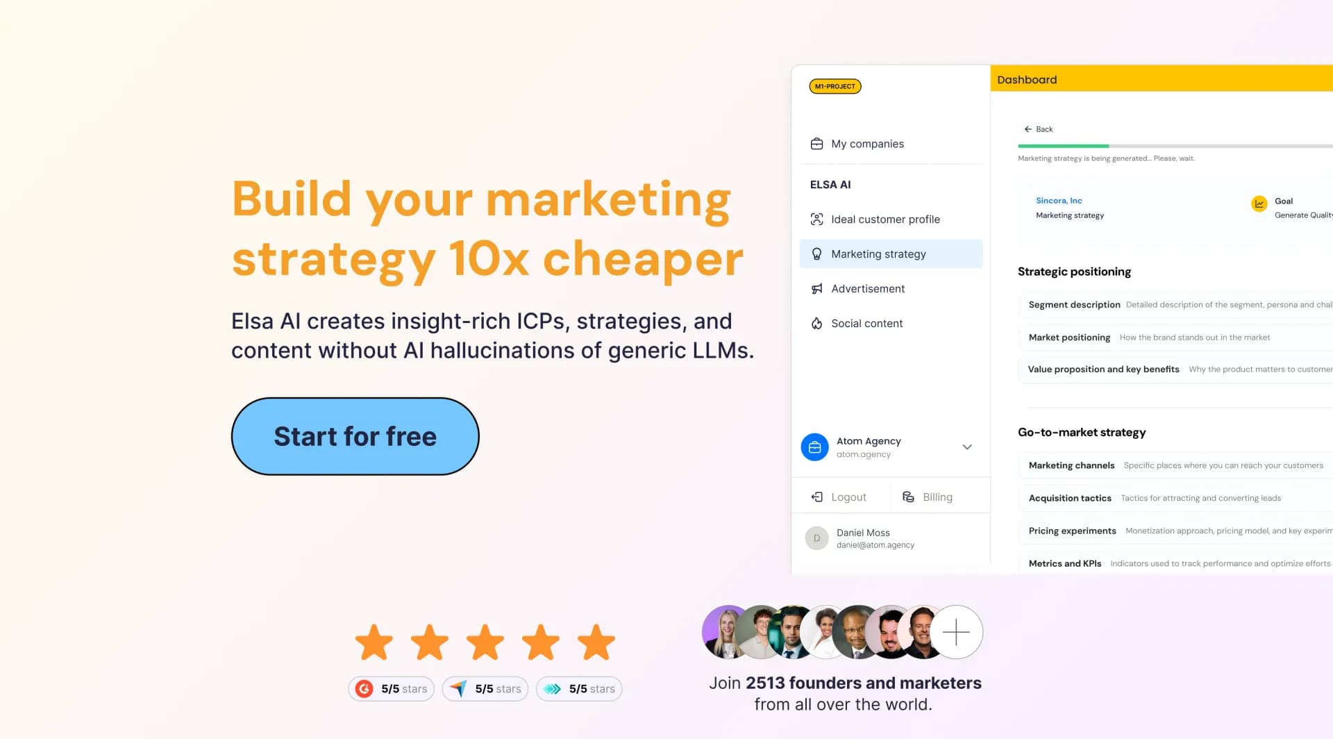 Marketing Assistant (Elsa AI)v1.1 homepage screenshot — Define your ideal customers and craft a winning marketing st