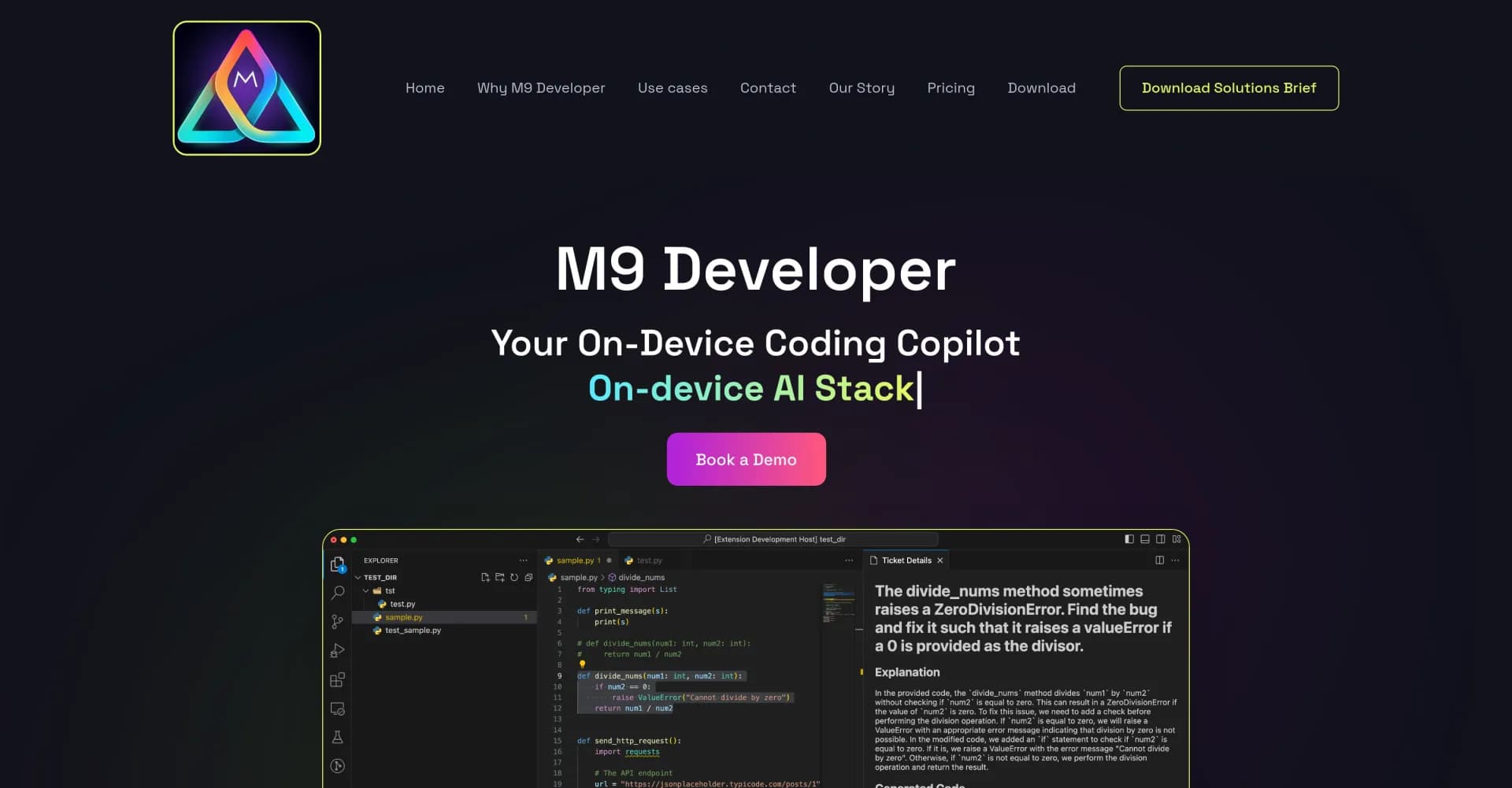 M9 Developer homepage screenshot — Automate 95%+ of dev tasks with AI in your IDE