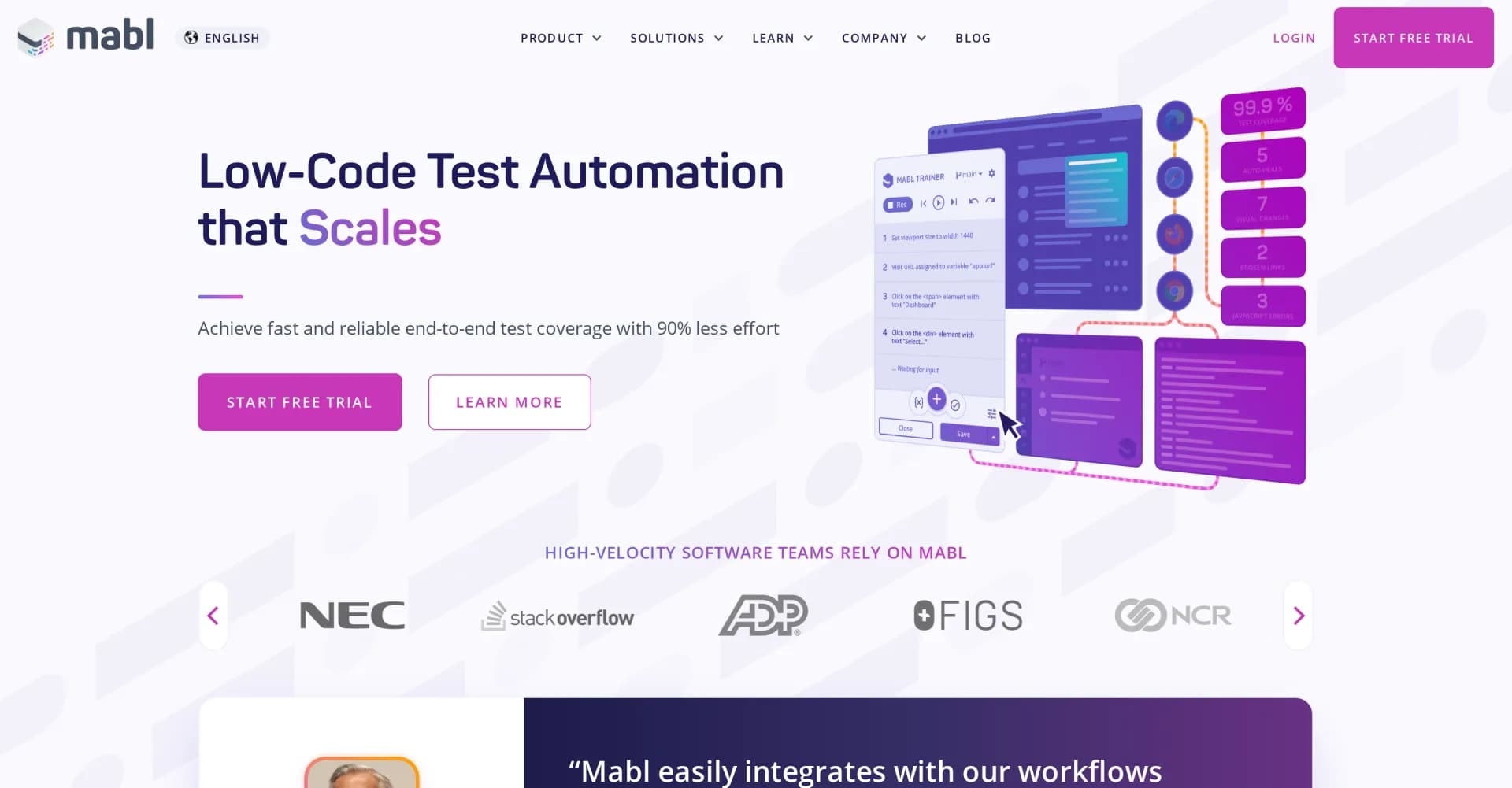 Mabl homepage screenshot — Boost quality with low-code test automation