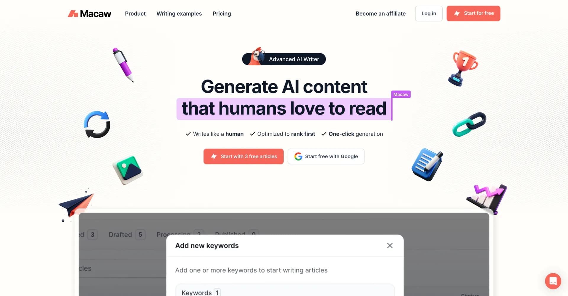 Macaw AI Writer homepage screenshot — Generate AI content humans love to read.