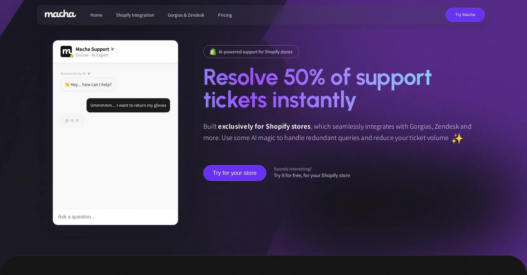 Macha homepage screenshot — AI-powered support to instantly resolve Shopify tickets