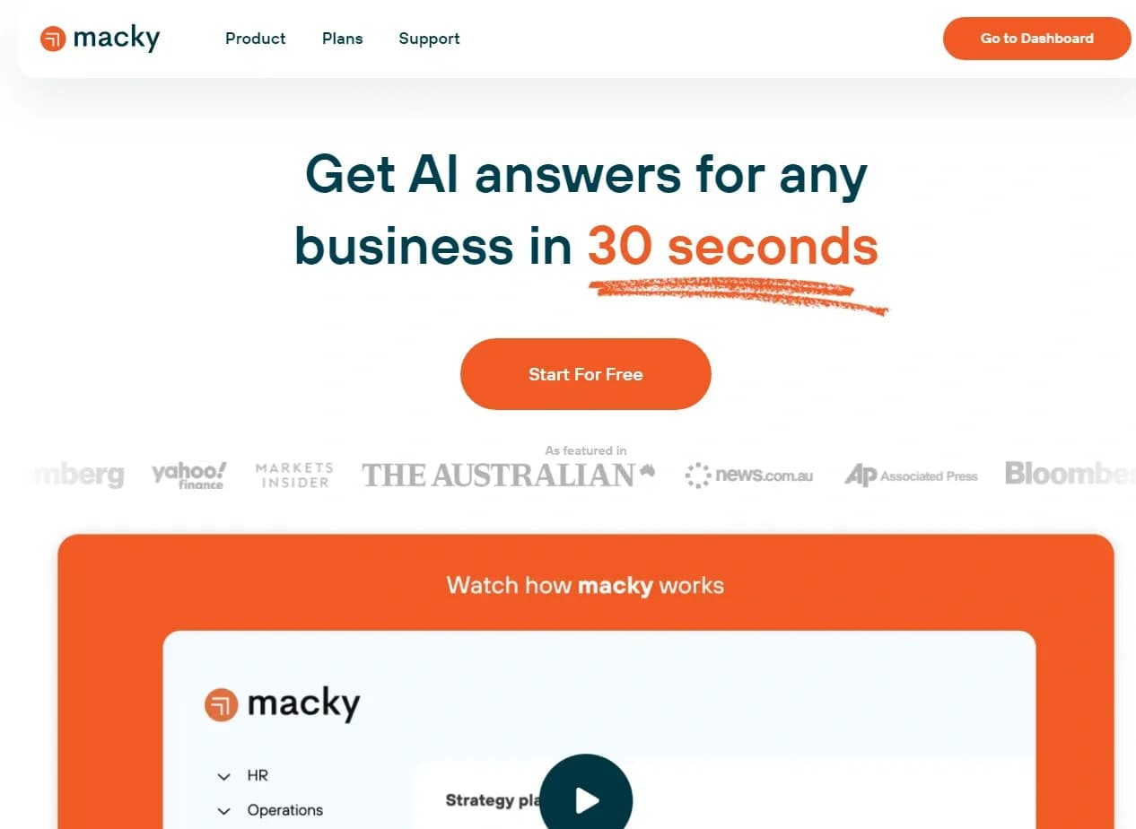 Mackyv2.0 homepage screenshot — Get AI Answers for Any Business Question in 30 Seconds