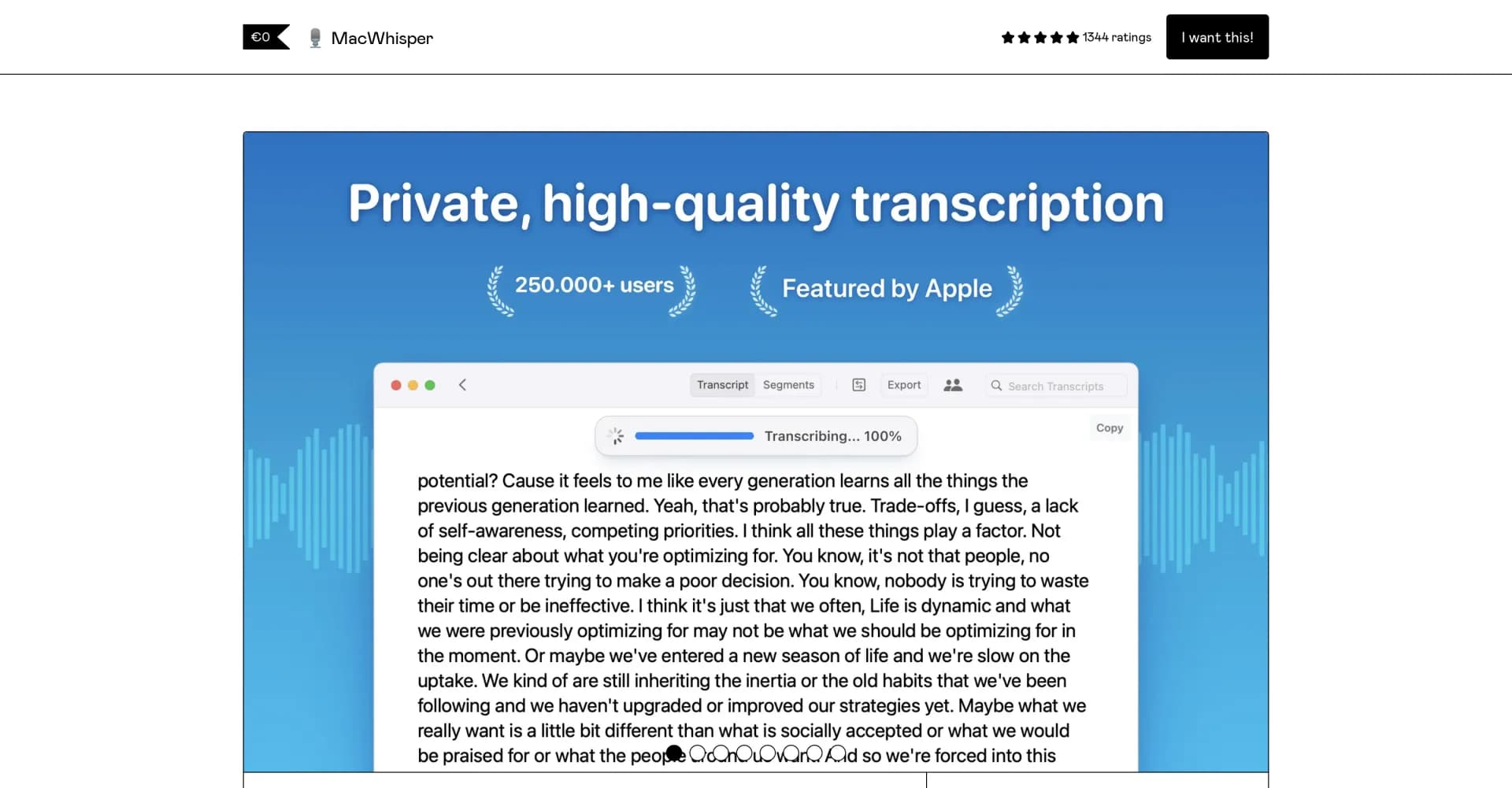 MacWhisper homepage screenshot — Transcribe audio files into text with AI, all on your device