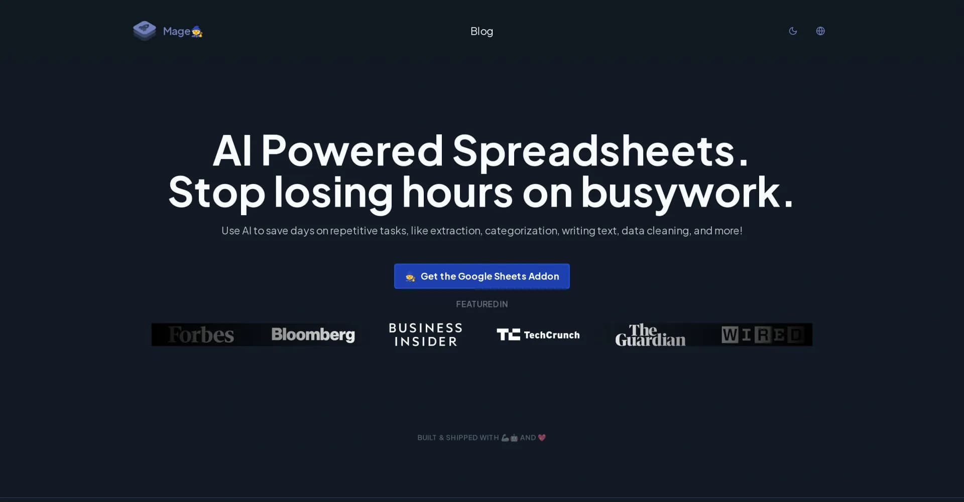 Mage homepage screenshot — AI-powered spreadsheets: Stop losing hours on busywork.
