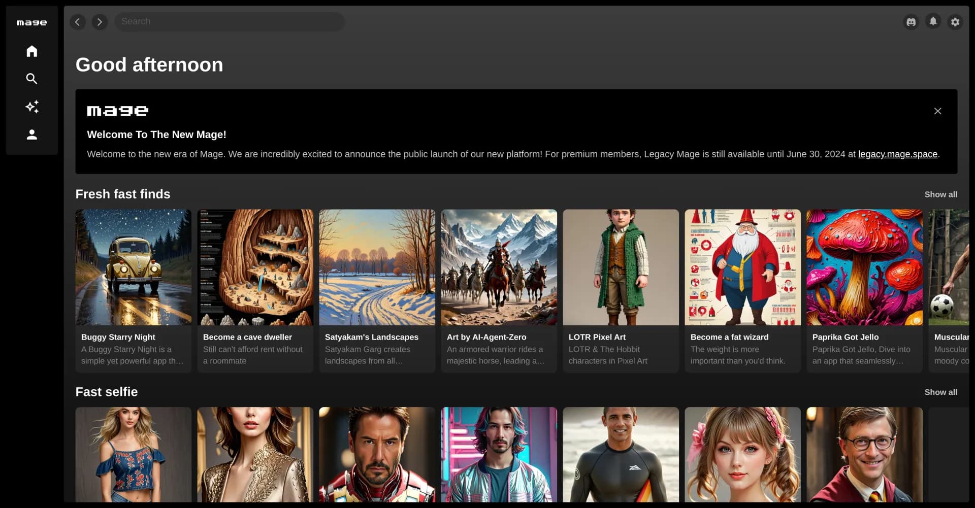 Mage homepage screenshot — Create free, fast, and fun AI apps without limits.