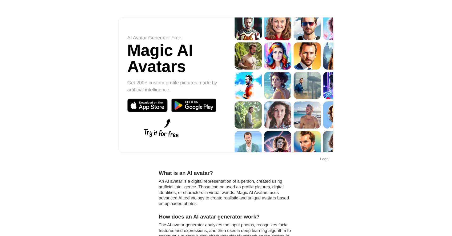 Magic AI Avatars homepage screenshot — Transform photos into 200+ custom AI avatars
