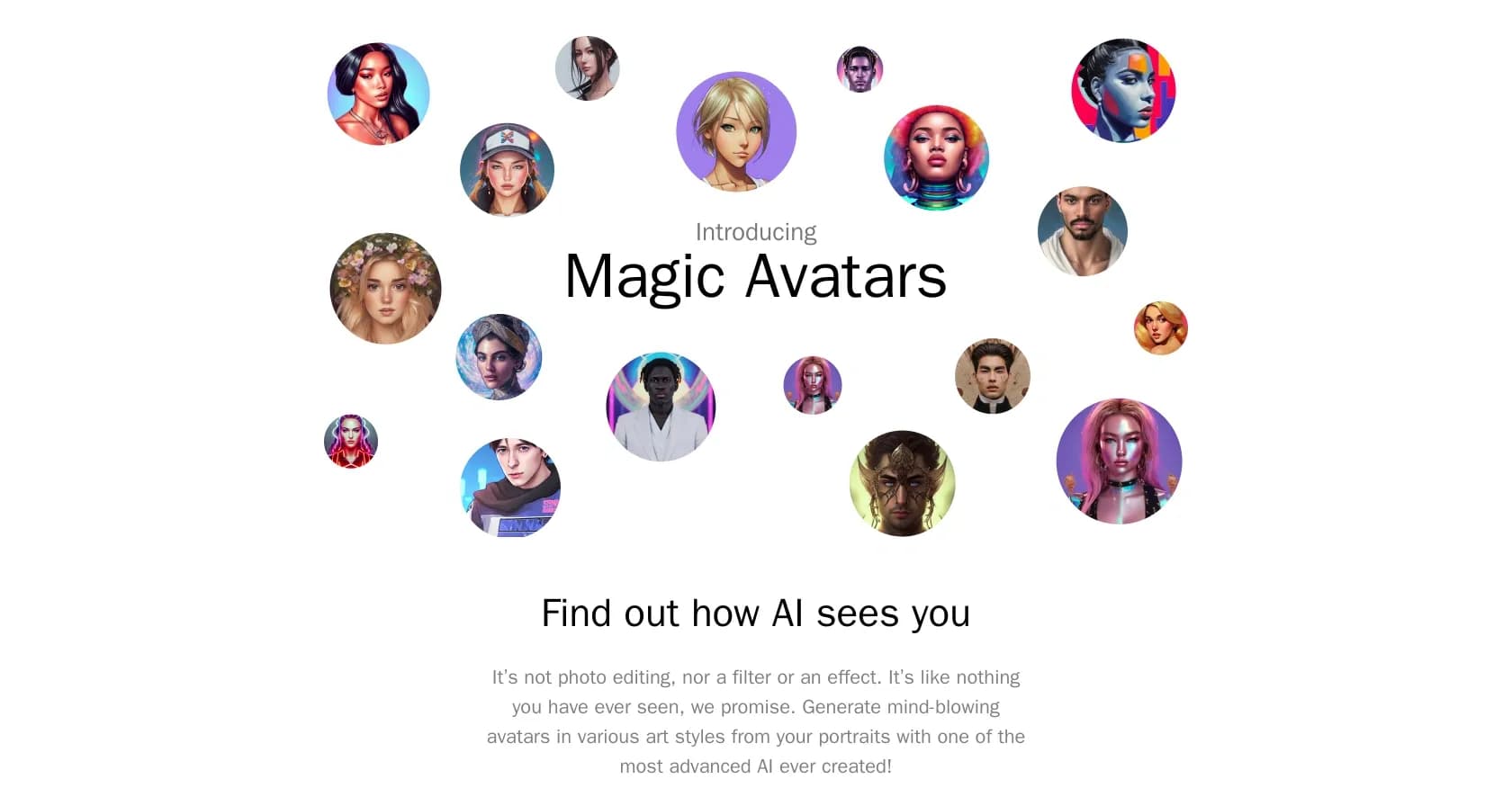 Magic Avatars homepage screenshot — Transform selfies into stunning AI avatars.