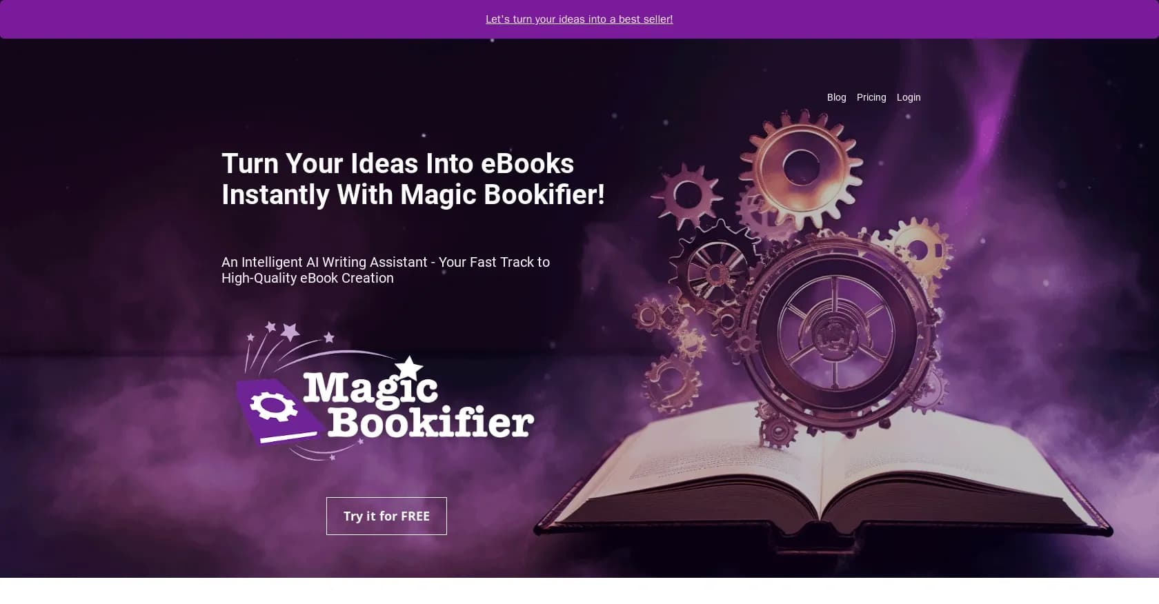 Magic Bookifier homepage screenshot — Turn your ideas into ebooks instantly with AI.