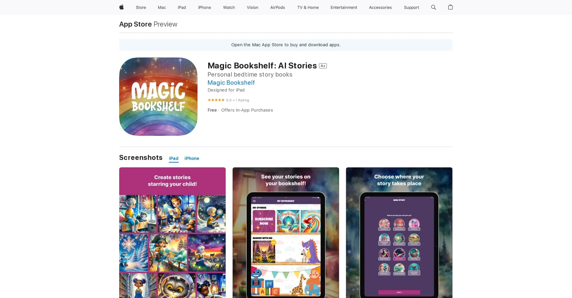 Magic Bookshelf homepage screenshot — Enjoy AI-generated stories on your Apple devices.
