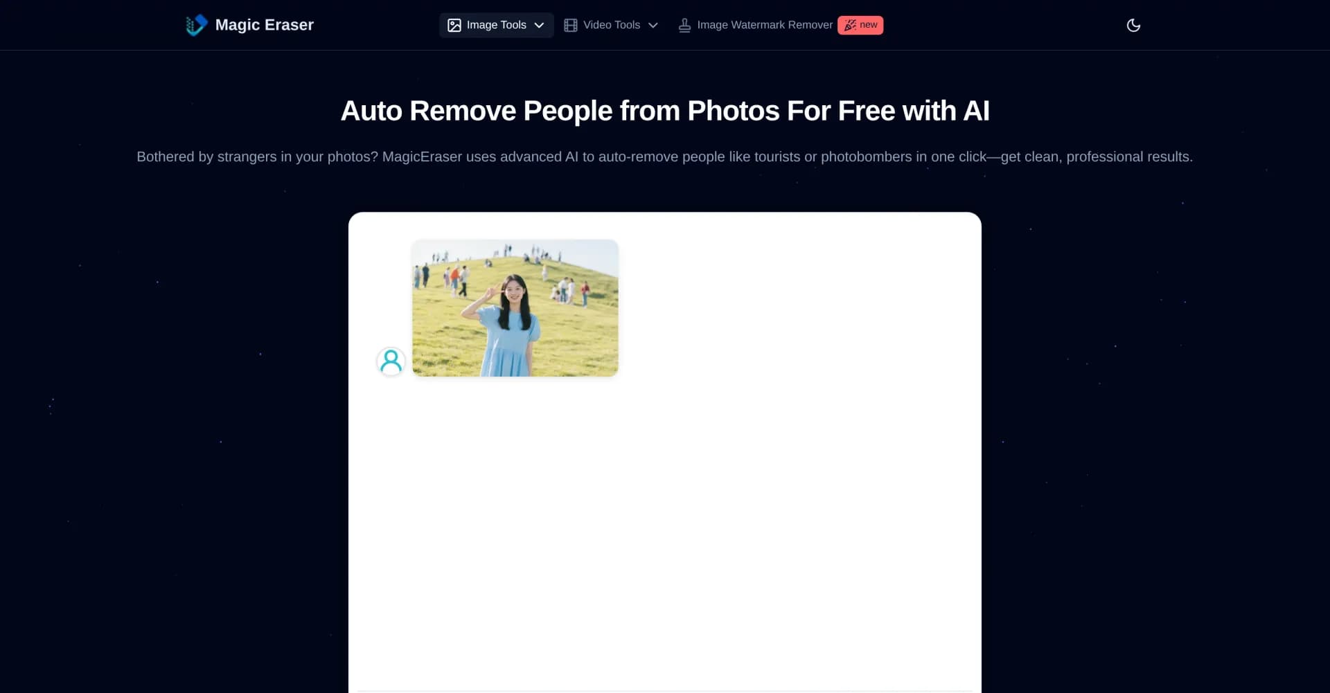Background People Remover by Magic Eraser homepage screenshot — Auto remove people from photos with AI.