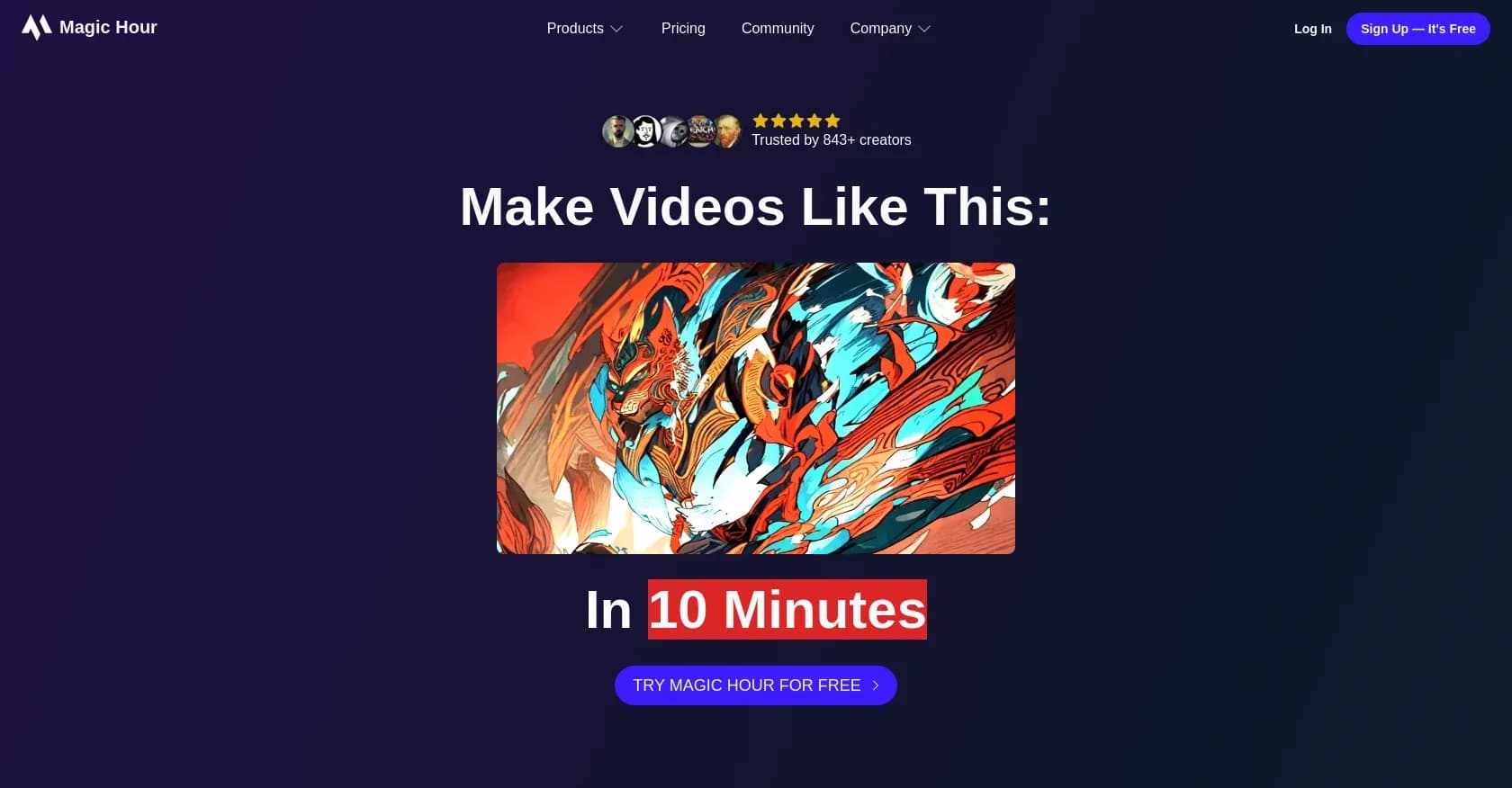 Magic Hour homepage screenshot — Unleash your creative vision with AI video tools.
