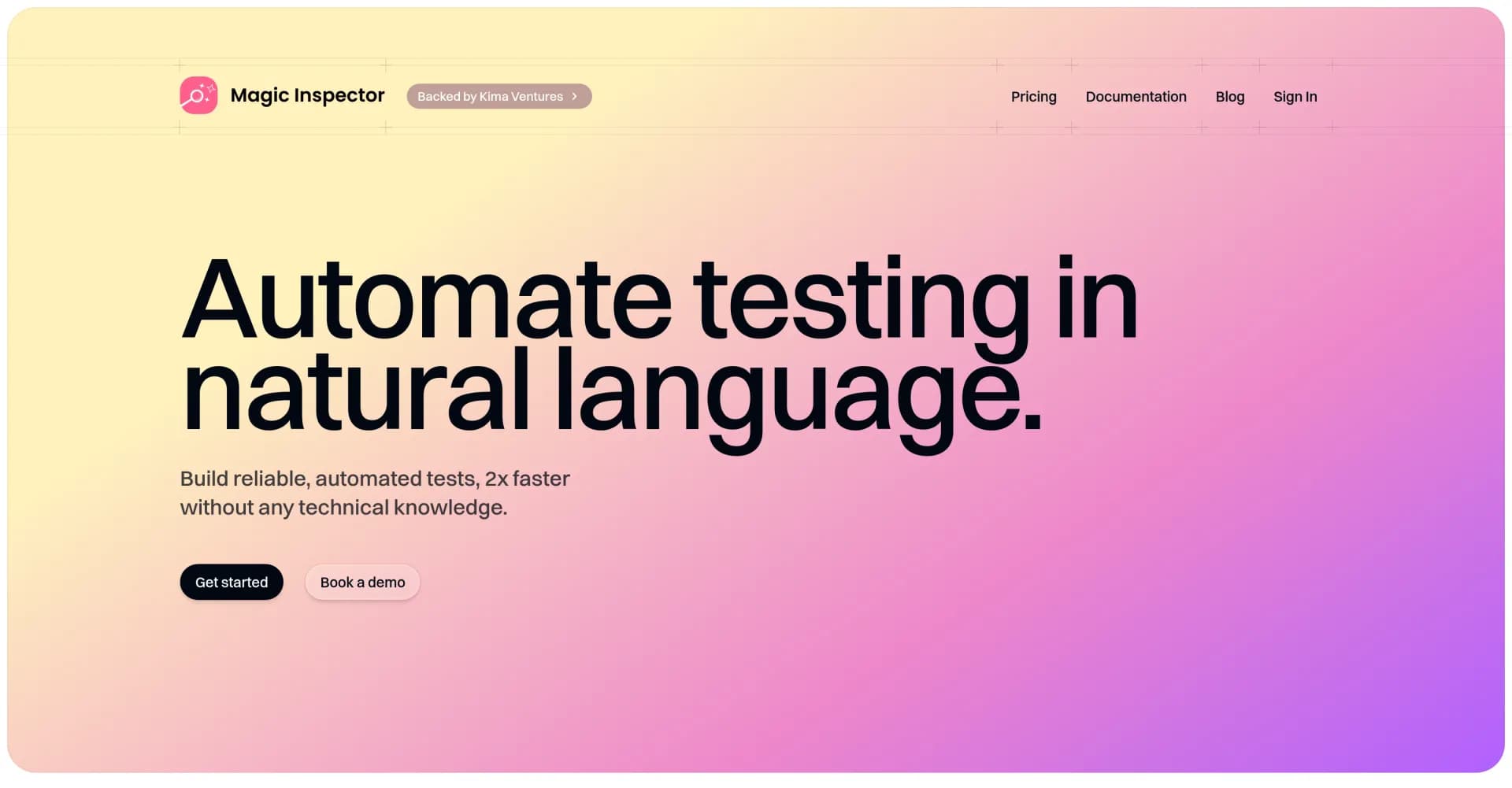 Magic Inspector homepage screenshot — Automate browser tests with natural language