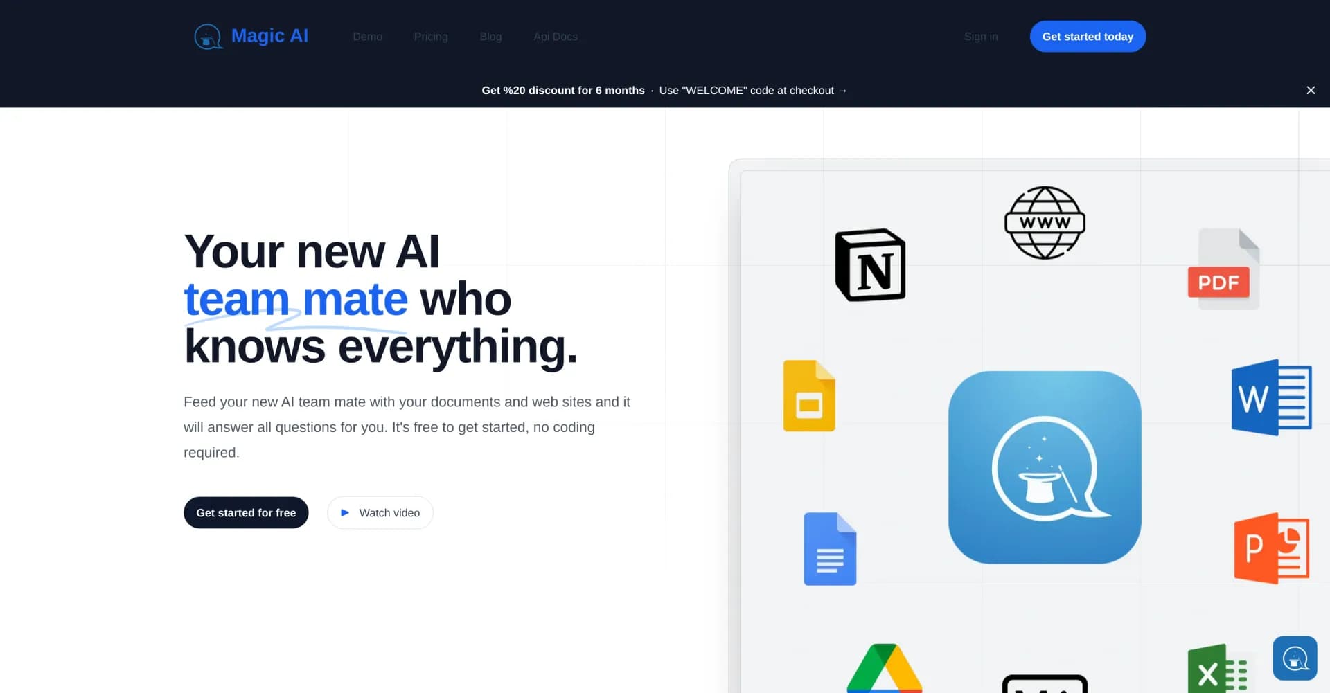 MagicAI Chatbots homepage screenshot — Your AI teammate with total project knowledge.