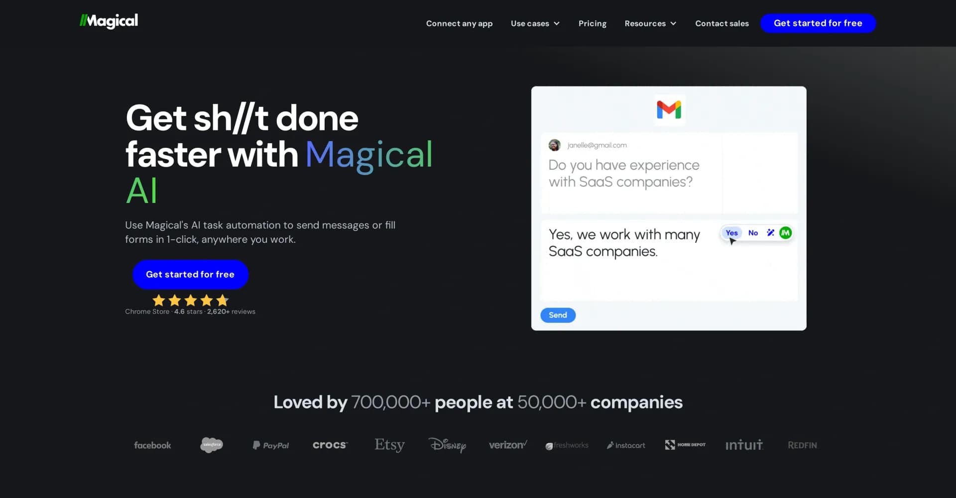 Magical AI homepage screenshot — Get sh*t done faster with AI-powered writing and task automa